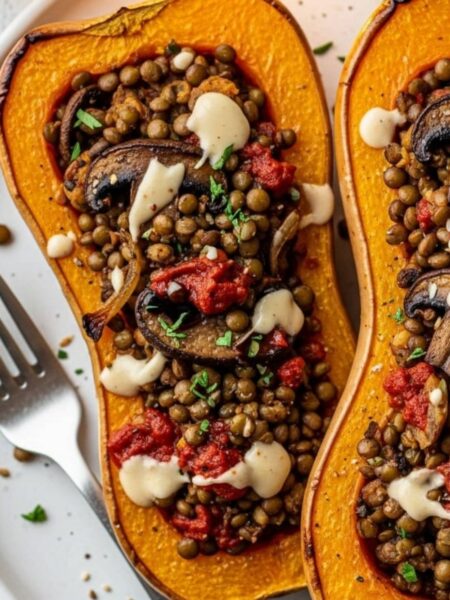Creamy Lentil Stuffed Butternut Squash Recipe
