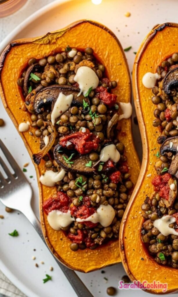 Creamy Lentil Stuffed Butternut Squash Recipe
